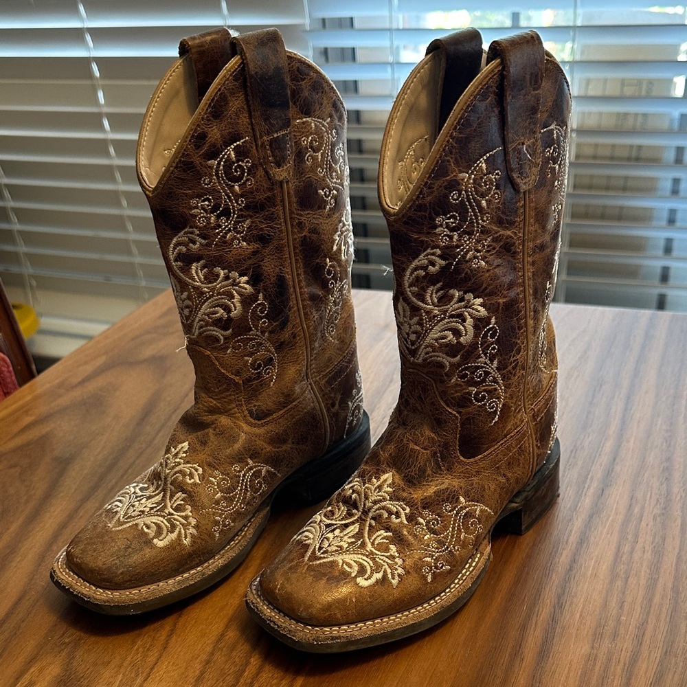 Old West Brown Embroidered Kids Boots